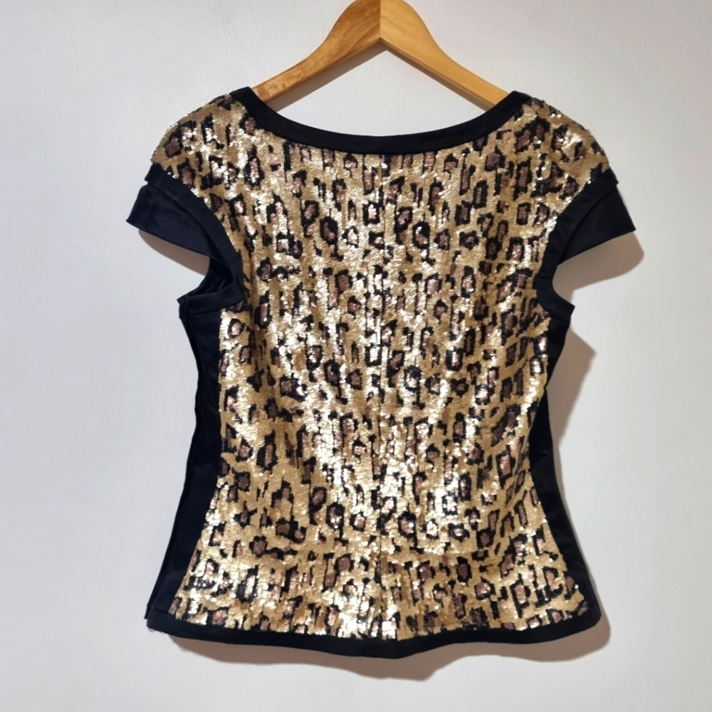 Harry Who Size 12 Black Satin Gold Sequin Animal Print blouse - Picture 2 of 6